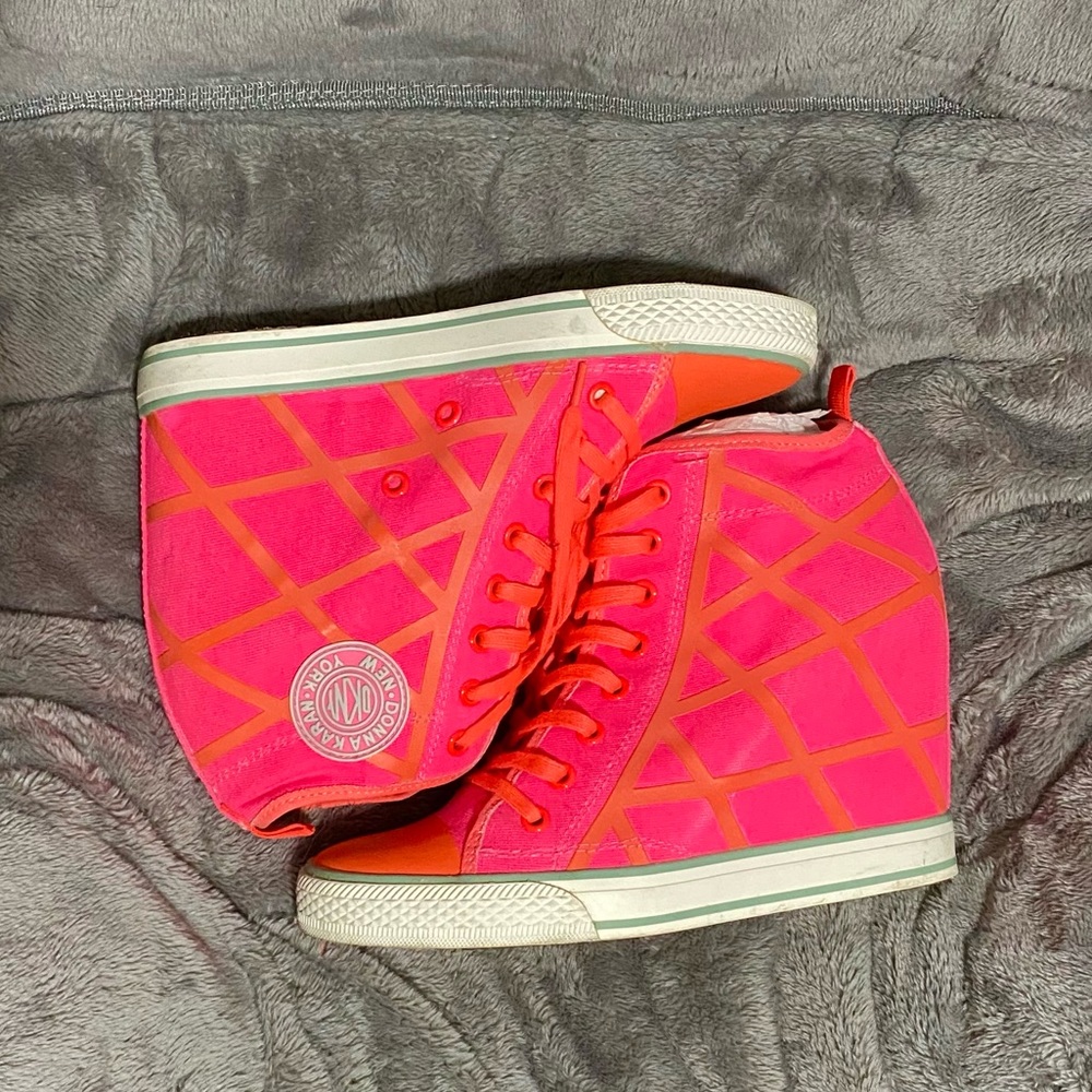 DKNY pink and orange criss cross wedge sneaker
